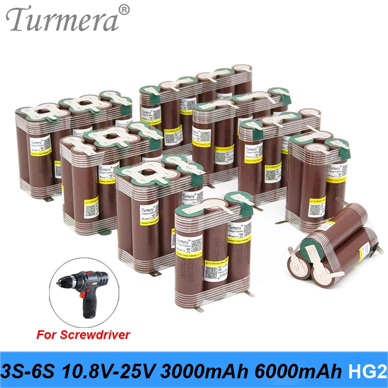 

Turmera 3S 10.8V 4S 14.4V 5S 18V 6S 25V 18650 HG2 3000mAh 6000mAh Battery 30A Soldering for 21V Drill Screwdriver Batteries Use