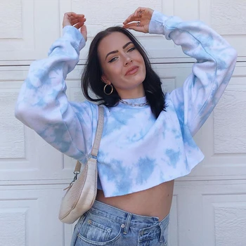 

Lusofie Tie Dye Printed Long Sleeve Sweatshirt Women Casual Loose Crop Top Sweat Shirt Streetwear Autumn Hoodies Ladies 2020