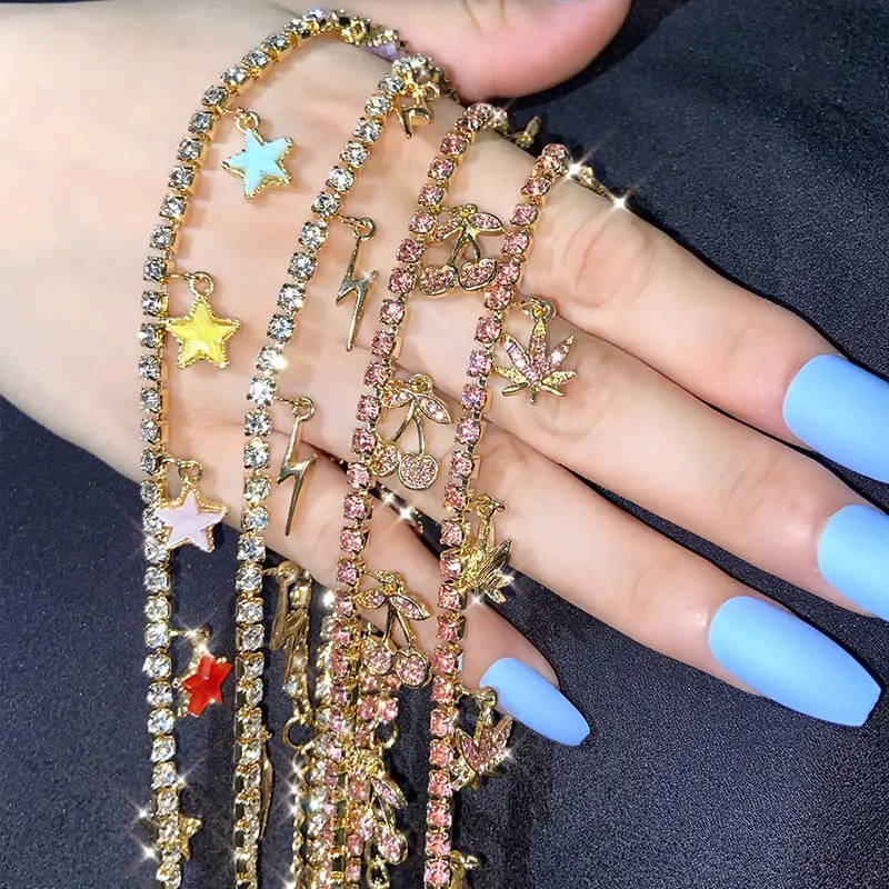 New-Bling-Bling-Adjustable-female-Tennis-Chain-Choker-Lightning-Cherry-Leaf-Star-Pendants-Women-s-Necklace