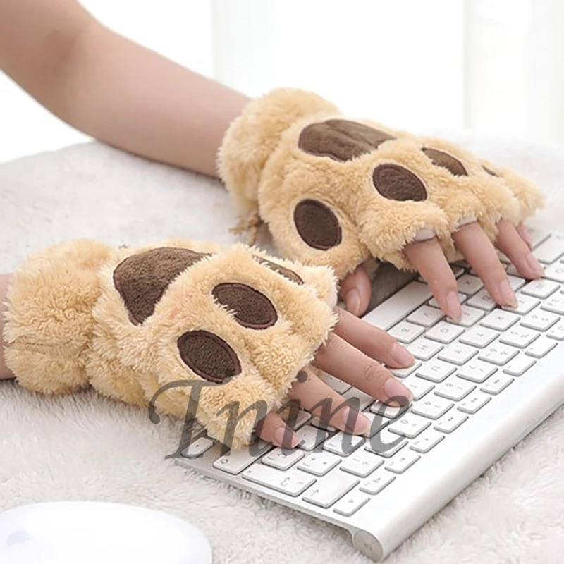 Women Winter Fingerless Paw Gloves Fluffy Bear Plush Cosplay Halloween