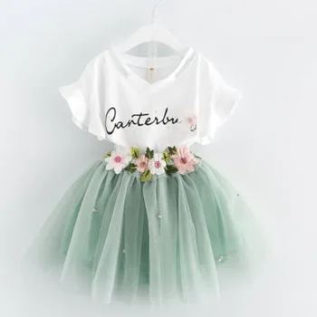 

Girls Flower Set Children's Clothing Suit Short Sleeve Shirt T-shirt Shorts 2-piece Set Princess Puff Skirt Set