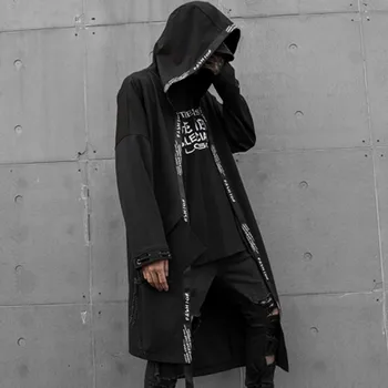 

Outono inverno homens design assimétrico fitas patchwork hip hop punk rock casaco masculino coreano longo cardigan jaquetas do v