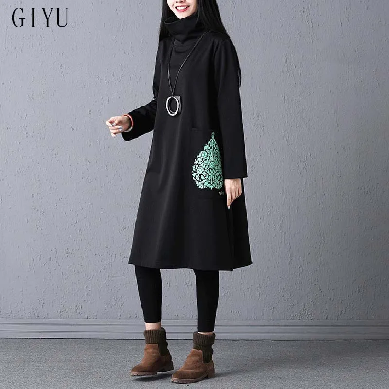 

Big Size Winter Dress Women Thick Flocking Dresses Female Lady Loose Collar Chic Print Elegant Black Clothing cotton Dress 4xL