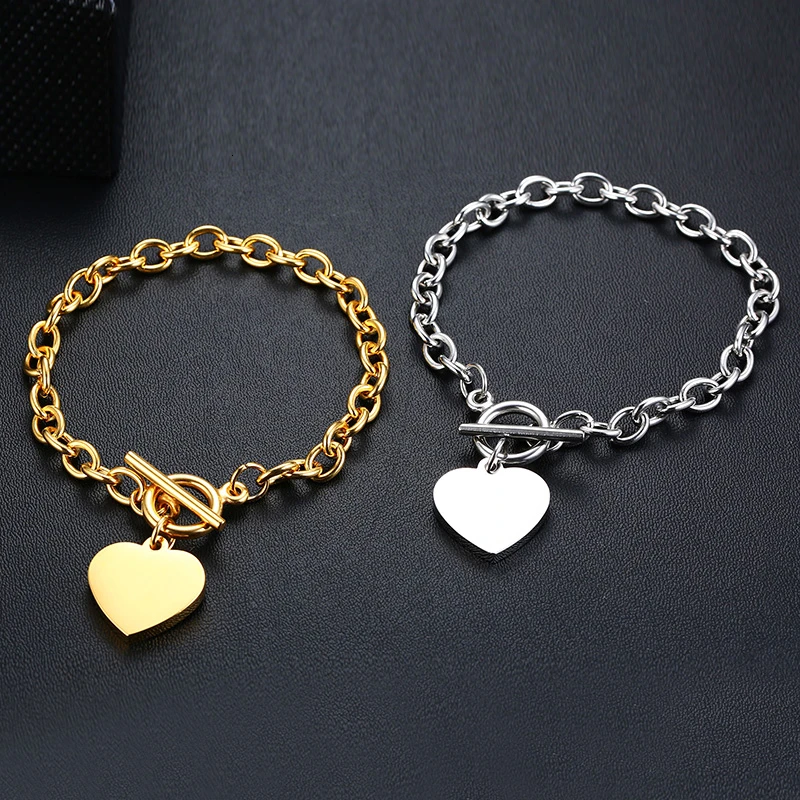 Персонализированные гравировка имя сердце браслет для женщин нержавеющая сталь звено цепи золото серебро любовь кулон браслет