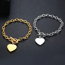 Персонализированные гравировка имя сердце браслет для женщин нержавеющая сталь звено цепи золото серебро любовь кулон браслет