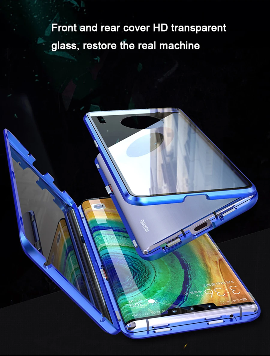 Металлический чехол с магнитной адсорбцией для huawei mate 30 Pro mate 20 Pro 20X10 Pro, переднее+ заднее прозрачное стекло 360, полная защита