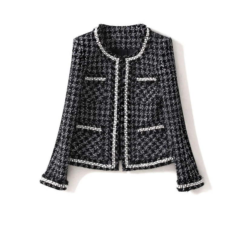

EXCELLENT Newest 2019 Fall Winter Designer Jacket Women's Beaded Plaid Tweed Jacket