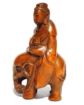 

Y6590 - 2" Hand Carved Boxwood Netsuke: Buddha Riding Elephant