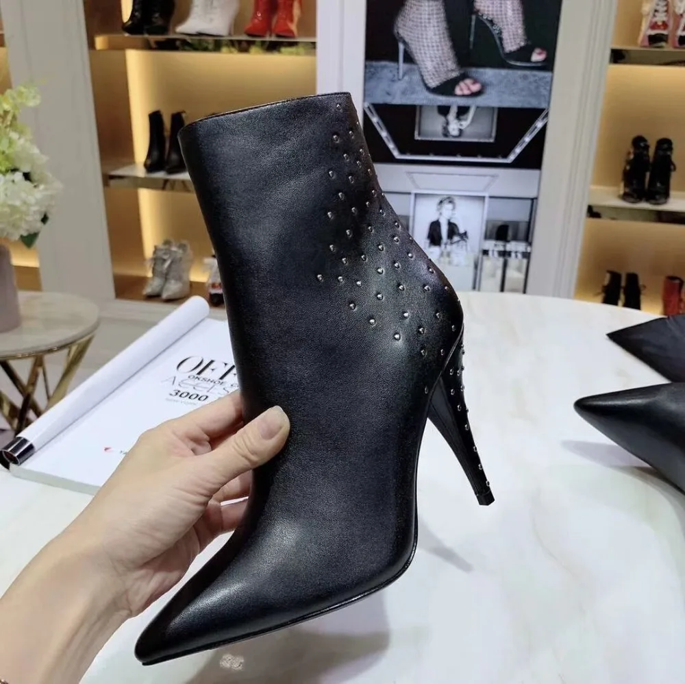 Real Leather Ankle Boots Woman Pointed Toe Mixed Color Crystal High Heel Boots Women Fashion Short Boots