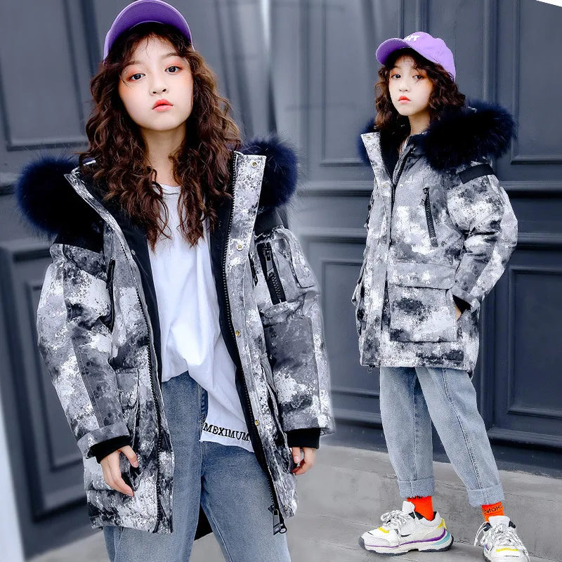 

Children's Down Jacket 2019 Kids Boys and Girls Big Children Korean Cool Camouflage Big Fur Collar White Duck Down Coat Outwear