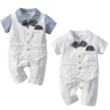 

Newborn Baby Boy Short Sleeve Cotton Gentleman Bowtie Jumpsuit Bodysuit Denim Party Outfits Set 3-24M