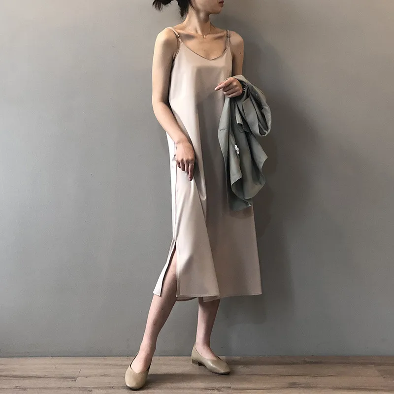 Summer Satin Black Sexy Women Dress 2020 Women's Dress Luxury Shiny Sundress Imitation Silk dress Y0786 Spaghetti Strap Dresses (9)