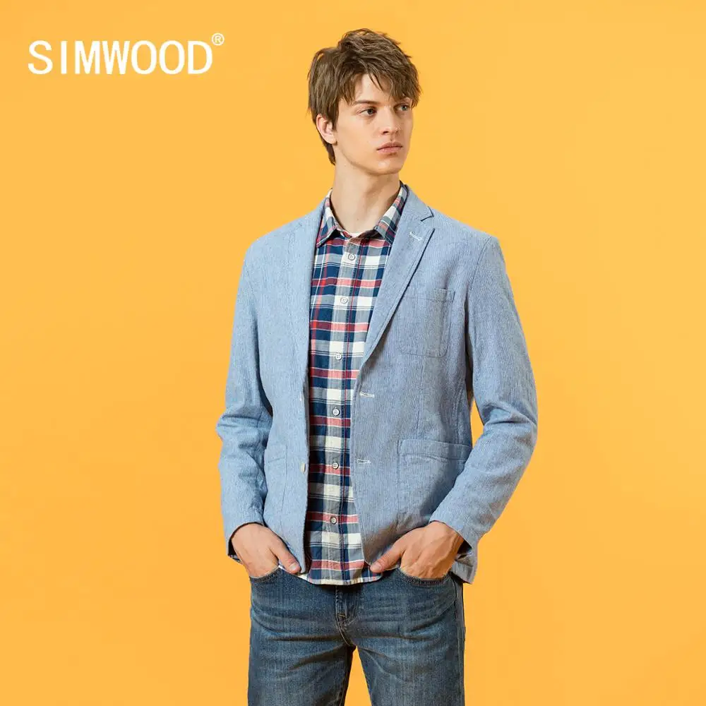 Casual Blazer Jackets Linen Clothing Slim-Fit Pinstripe Cotton New SIMWOOD SJ130052 Men