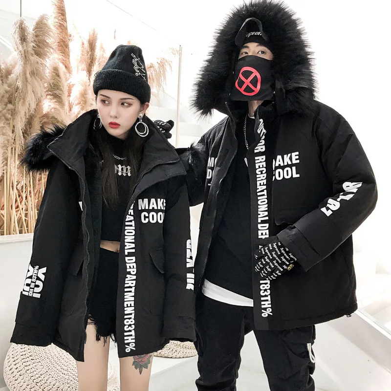 

Winter Warm New Men Fashion Hip Hop Thick Warm Cotton Black Fur Jacket Large Size Warm Women Coat