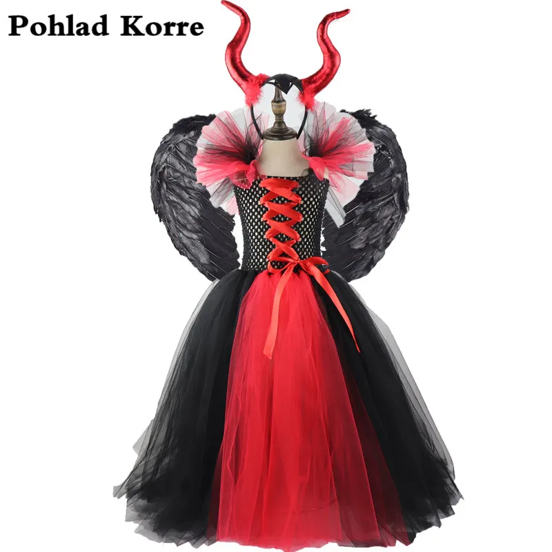 dress horn wings Детское платье-пачка для девочек, черный, красный цвета, Maleficent, костюм на Хэллоуин, браслеты в стиле косплей, вечерние платья принцессы с роговыми крыльями для девочек, XX0 - Цвет: dress horn wings