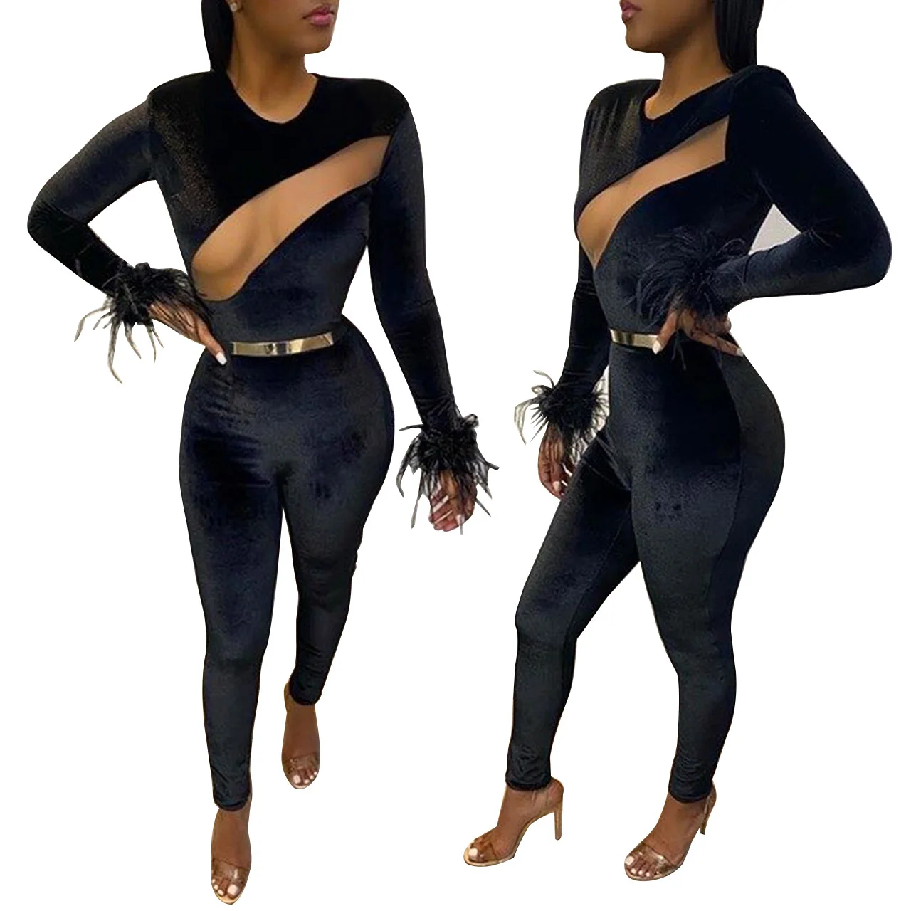 

Women Hot Sale Sexy Solid Hollow Out Sliming Jumpsuits Plus Size Long Sleeve O-neck High Wasit Elastic Bodysuit Rompers