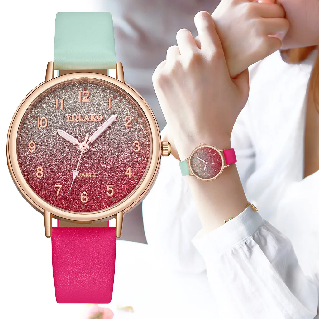 YOLAKO Брендовые женские часы с кожаным ремешком, Модные Простые аналоговые женские кварцевые наручные часы с градиентным циферблатом Zegarek Damski Reloj 30