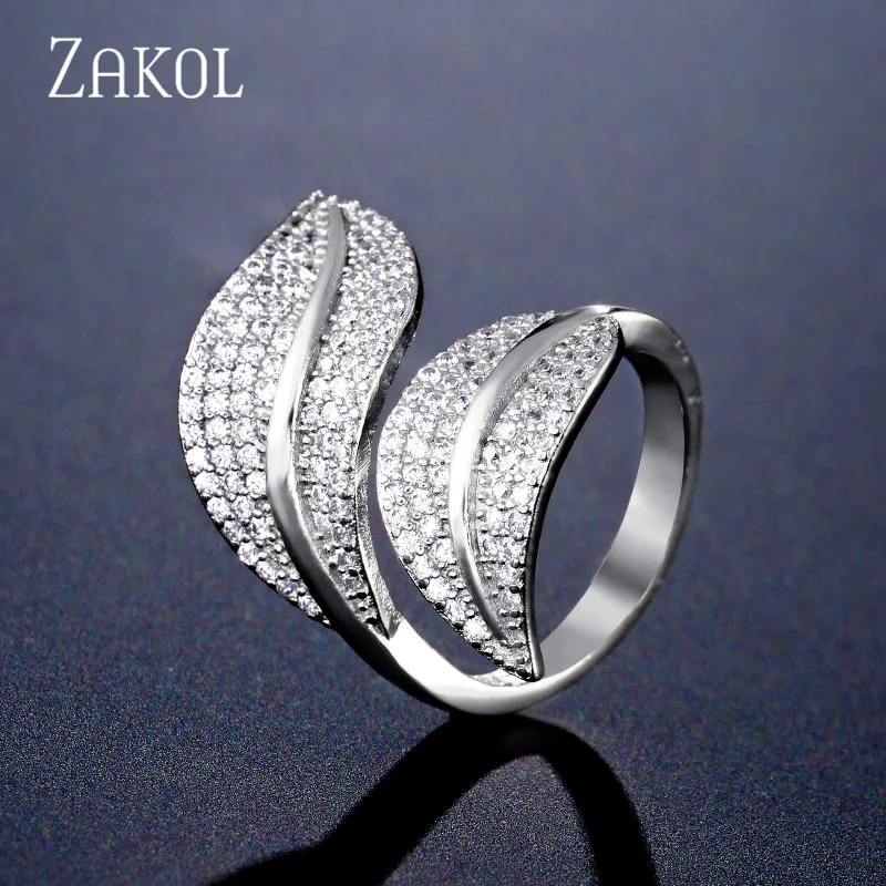 ZAKOL New Arrivals Trendy Cubic Zirconia Leaves Adjustable Rings for Women Wedding Dinner Party Birthday Gift Jewelry FSRP2123 | Украшения