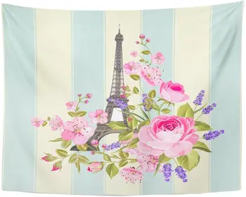 

Tapestry Blue Architecture Eiffel Tower Post Design of Vintage with and Flowers Red Blossom Border Tapestries Wall Hanging