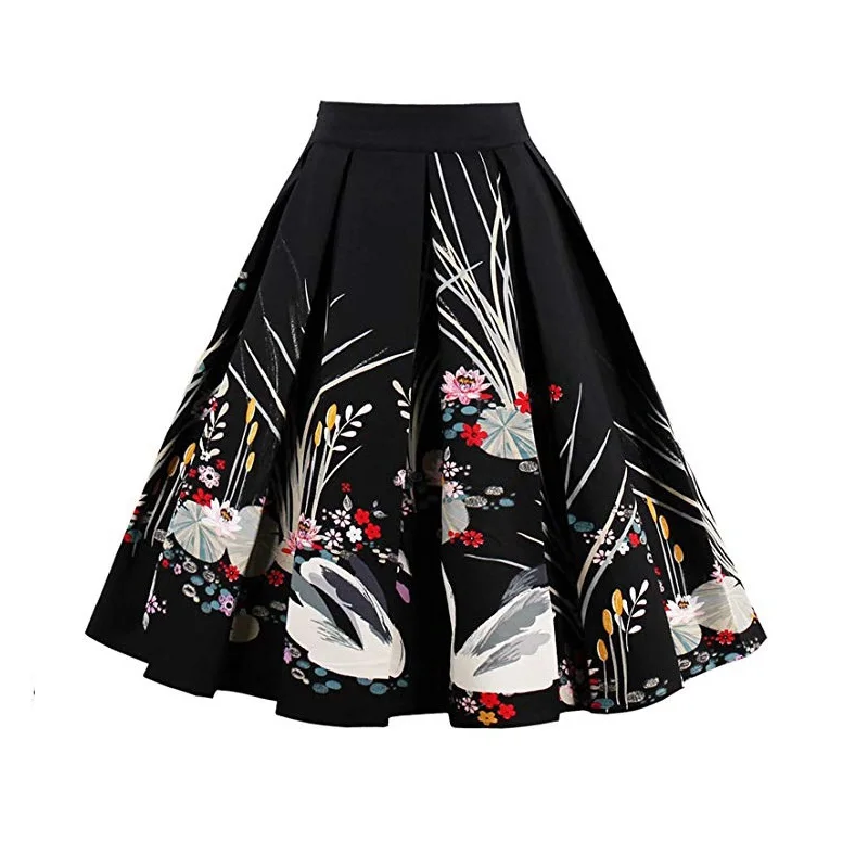 

A-Line Pleated Vintage Skirts For Women Swan Print Cotton Zipper Office Lady High Waist Polka Dot Swing Skirt