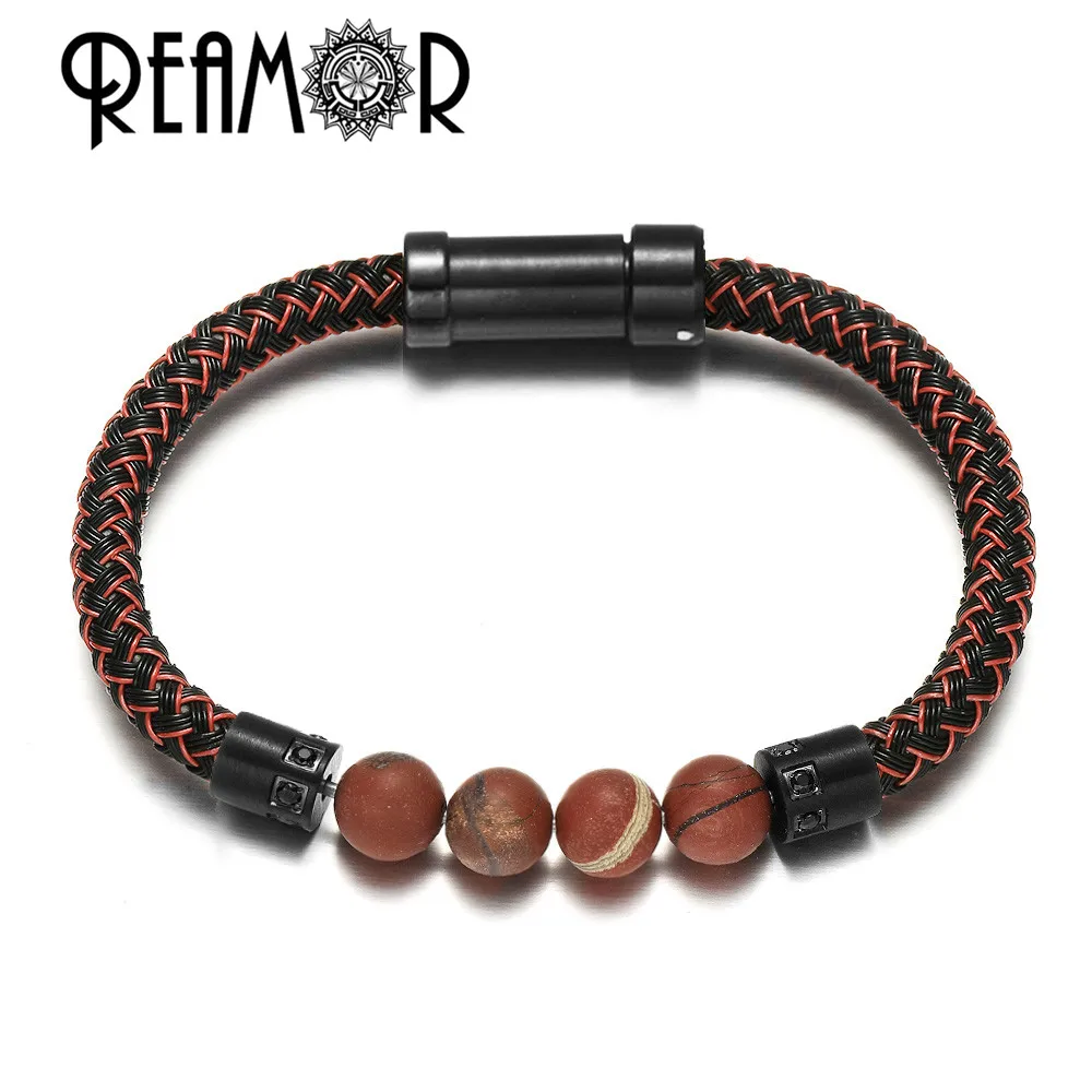 REAMOR, роскошные мужские браслеты, красный натуральный камень, сделай сам, съемный браслет из нержавеющей стали, позолота, циркон, браслет для женщин - Окраска металла: CS005 2