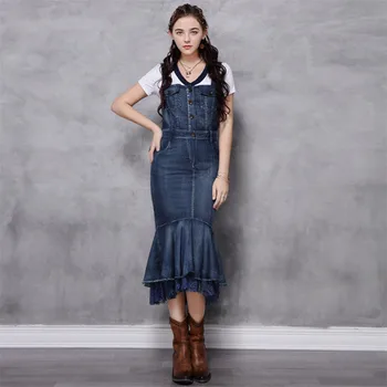 

Women Mermaid Denim Dress 2020 Summer Vintage Suspender Dresses Female Lace Patchwork Buttons Pockets Vestidos Female Dress