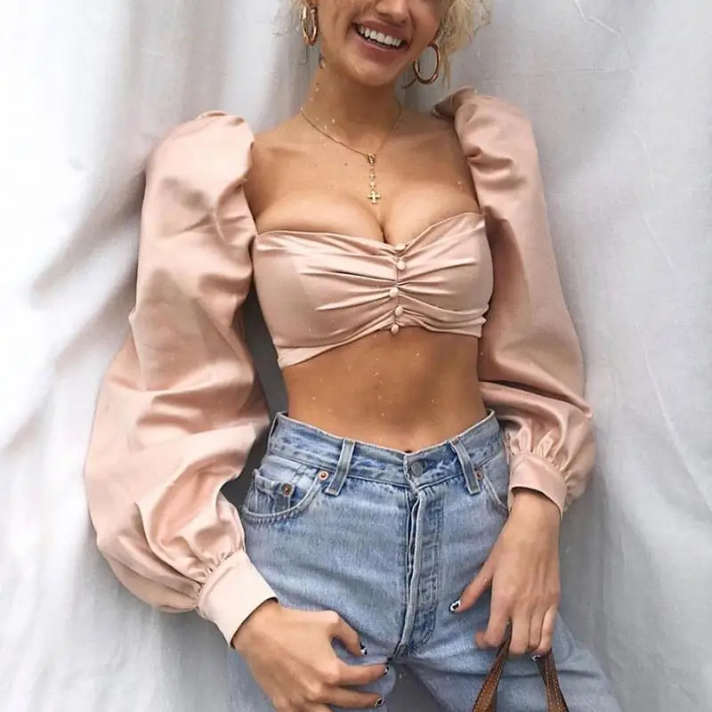 

Misswim Sexy short mini puff sleeve blouse shirt Women 2019 Vintage square collar tops Fashion party club elegant ladies shirt