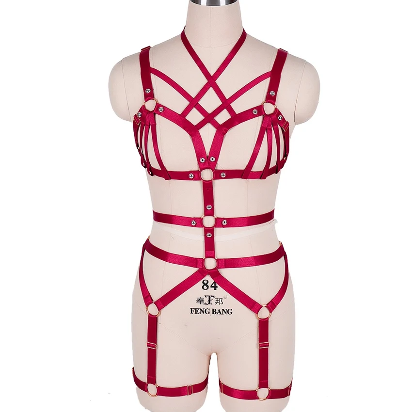 MLCN0011WINERED Полные подвязки эластичные, жгуты комплект пикантного женского белья Готическая клетка бюстгальтер Фетиш нагрудный ремень крест бондаж отрегулировать мягкие Топы Клубные вечерние одежда в стиле рейв - Цвет: MLCN0011WINERED