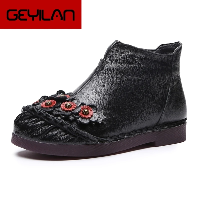 

2019 Women Boots With Fur Winter Flower Handmade Boots Flat Shoes Vintage Genuine Leather Boots for Women