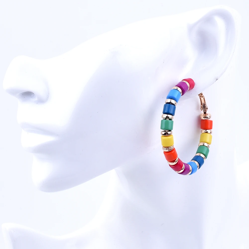 Spring/Summer Rainbow Color Bohemian Big Circle Handmade Hoop Earrings Personality Statement Fashion Jewelry