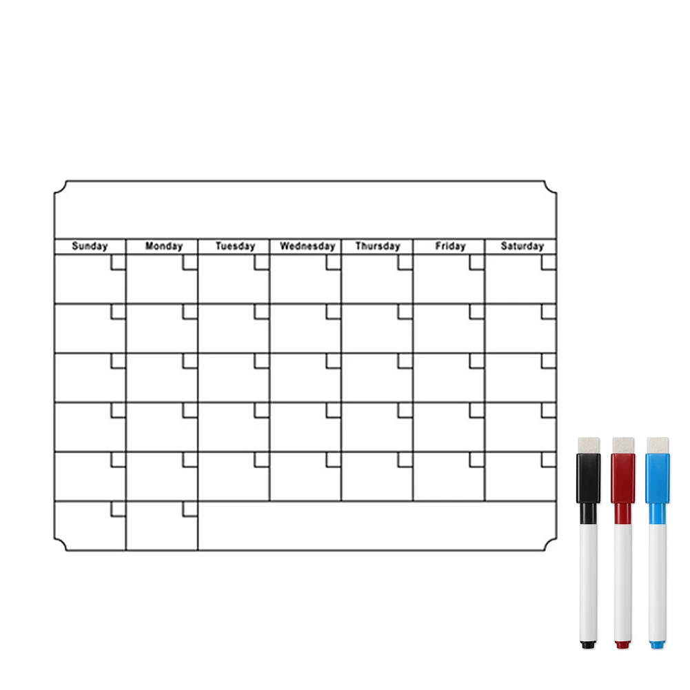 Многоразовые наклейки на холодильник, магнитный календарь с 3 цветными маркерами, ежемесячный планировщик, магнитная доска для сообщений, магнитный календарь для рисования - Цвет: Белый