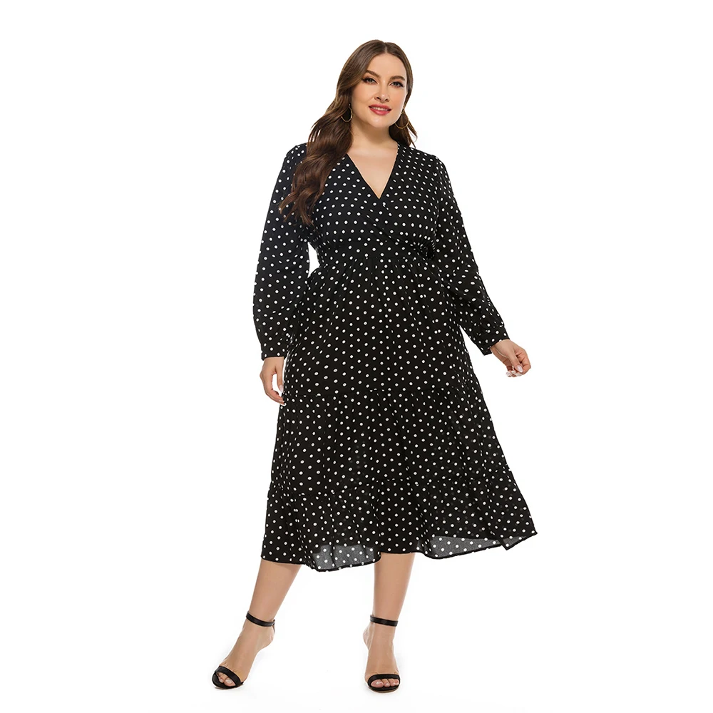 DOIB Plus Size Dresses Black Polka Dot Lantern Sleeve Large Size Dresses 2020 Summer Oversize Dress XL 2XL 3XL 4XL 5XL