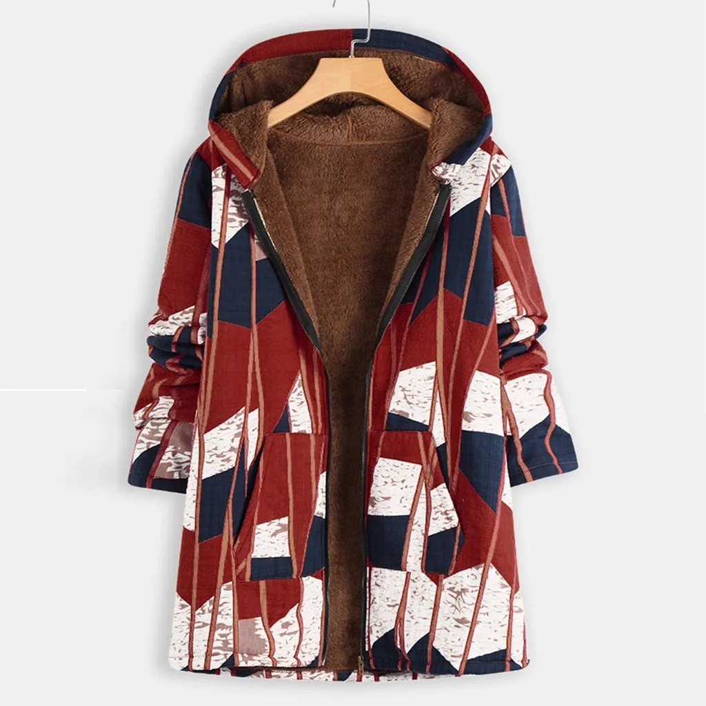 StylishBar размера плюс 5xl Женское пальто с капюшоном в стиле бохо с цветочным принтом дамское зимнее теплое пальто женские куртки из плотного флиса верхняя одежда - Цвет: E