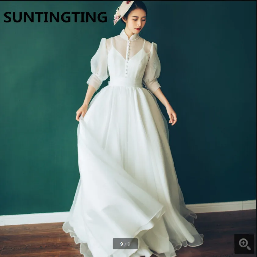 

2020 new arrival high neck organza a line 3/4 sleeve wedding dress sheer back sexy pleated stylish bridal gowns hot sale