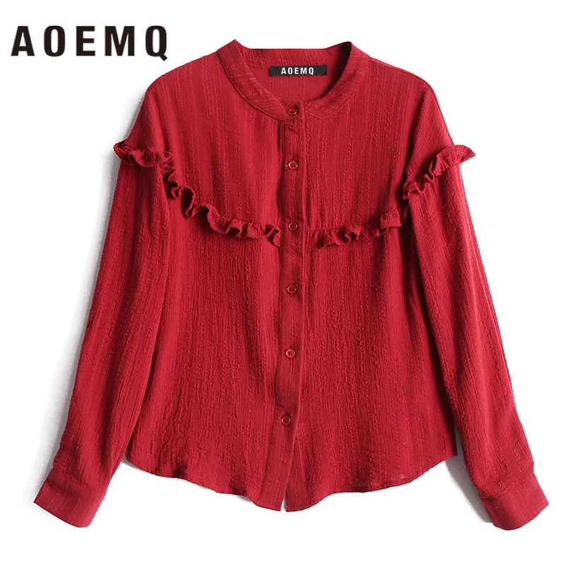AOEMQ/рубашки с круглым вырезом; красная однотонная блузка с волнистым драпированным кружевным принтом; топы для танцев и вечеринок; женская одежда