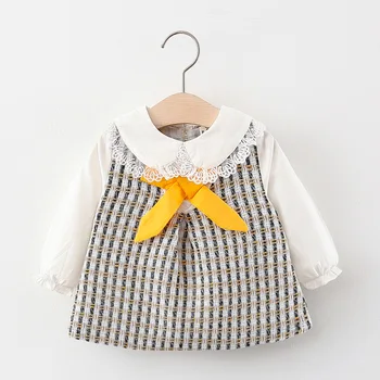 

2020 Autumn Infant Girls Long Sleeve Lace Lapel Collar Plaid Bow Princess Party Baby Dress Kids Cute Dresses vestidos