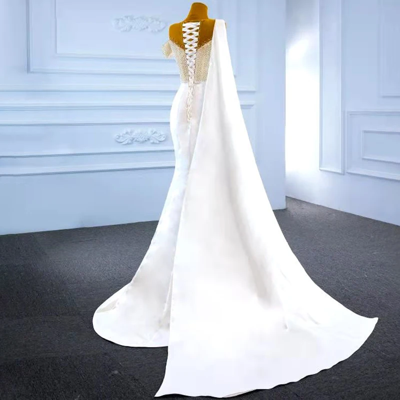 J67238 JANCEMBER Elegant White One Shoulder Short Sleeve Fishtail Wedding Party Dress Beading Deep V-neck Long Trailing Gown 6