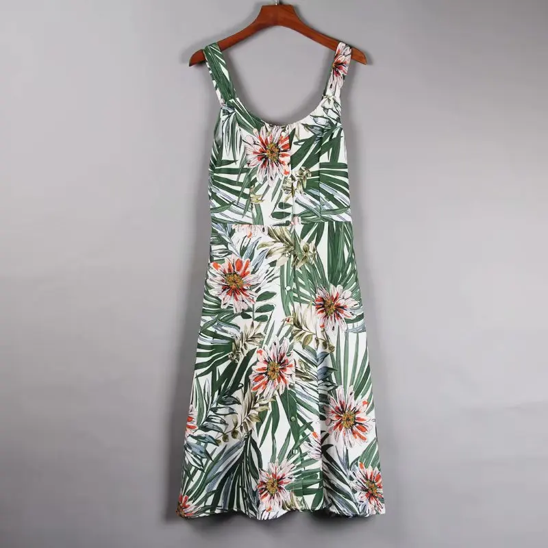 

Europe And America 2018 Summer New Style Beach Vacation Style Backless Floral Printed Dress High-waisted A- line Skirt Short Ski