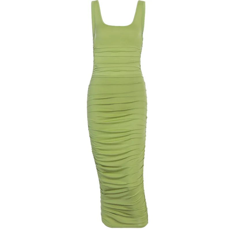 Summer women's dress casual beach style solid color sexy sleeveless slim-fit pleated beach dress