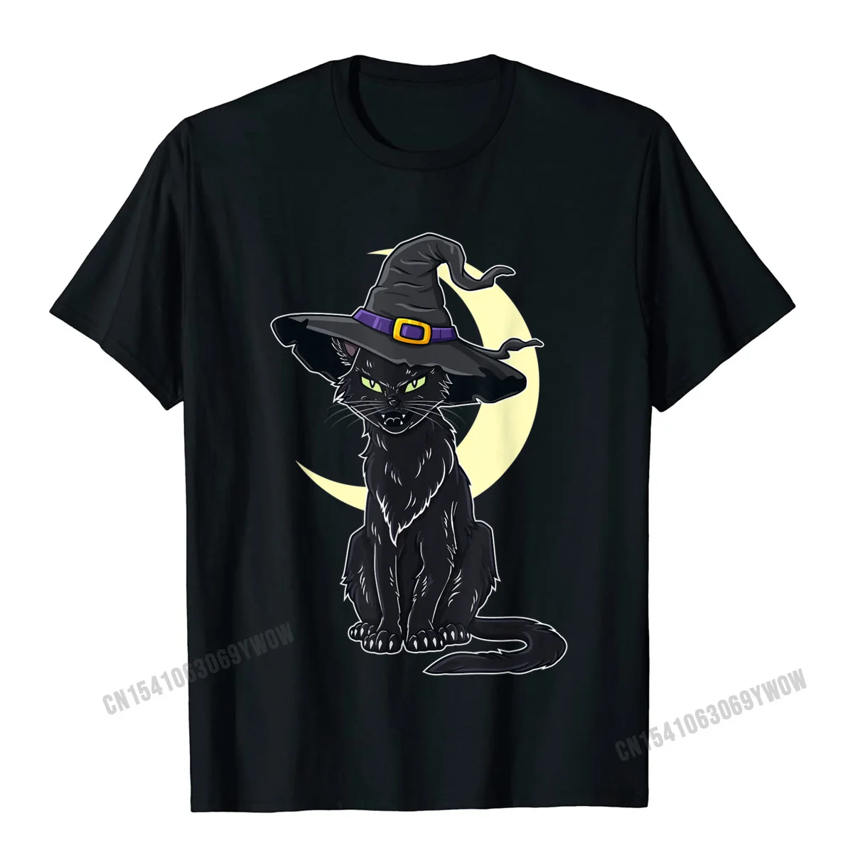 Camisa Short Sleeve Tops T Shirt NEW YEAR DAY Crew Neck Cotton Men T Shirt cosie Camisa Clothing Shirt Cute Drop Shipping Halloween Scary Black Cat With Witch Hat T-Shirt__669 black