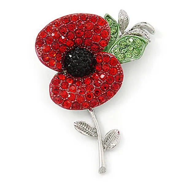 

Silver Plated Red Diamante Crystal Rhinestone Red Poppy Pin Flower Brooch with leaf
