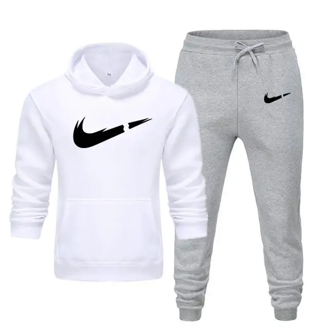 H-white light gray Брендовый спортивный костюм, модная мужская спортивная одежда, комплект из двух предметов, хлопковая Толстая Толстовка с капюшоном+ штаны, спортивный костюм, мужские комплекты - Цвет: H-white light gray