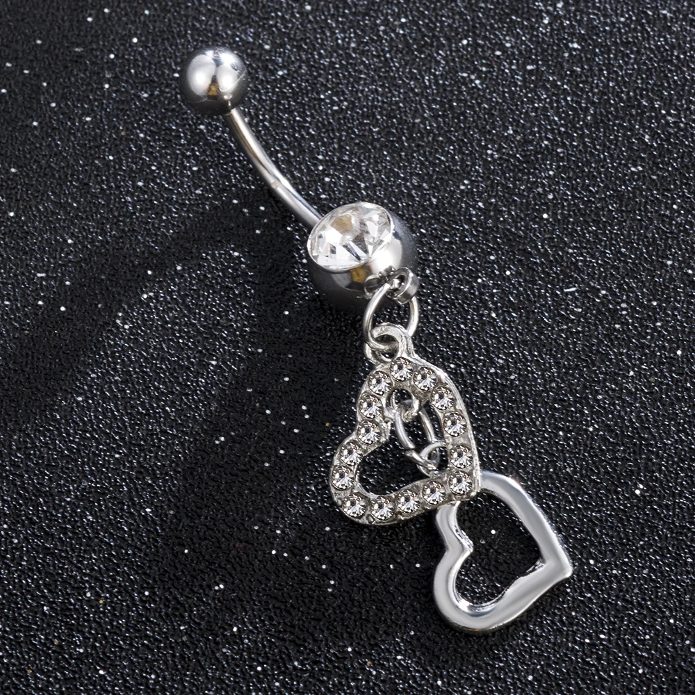 

High quality Double Hearts Rhinestone Crystal Medical Steel Belly Button Ring Dangle Navel Body Jewelry Piercings