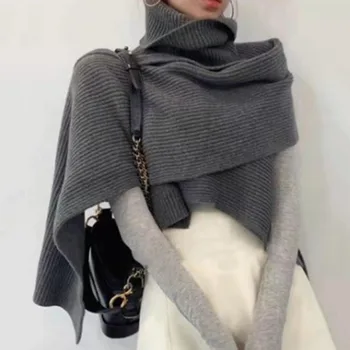 

South Korea 2020 Autumn New Women's Fashion Cloak Casual Knitted Shawl High-neck Temperament Blouse Female Trendy Street