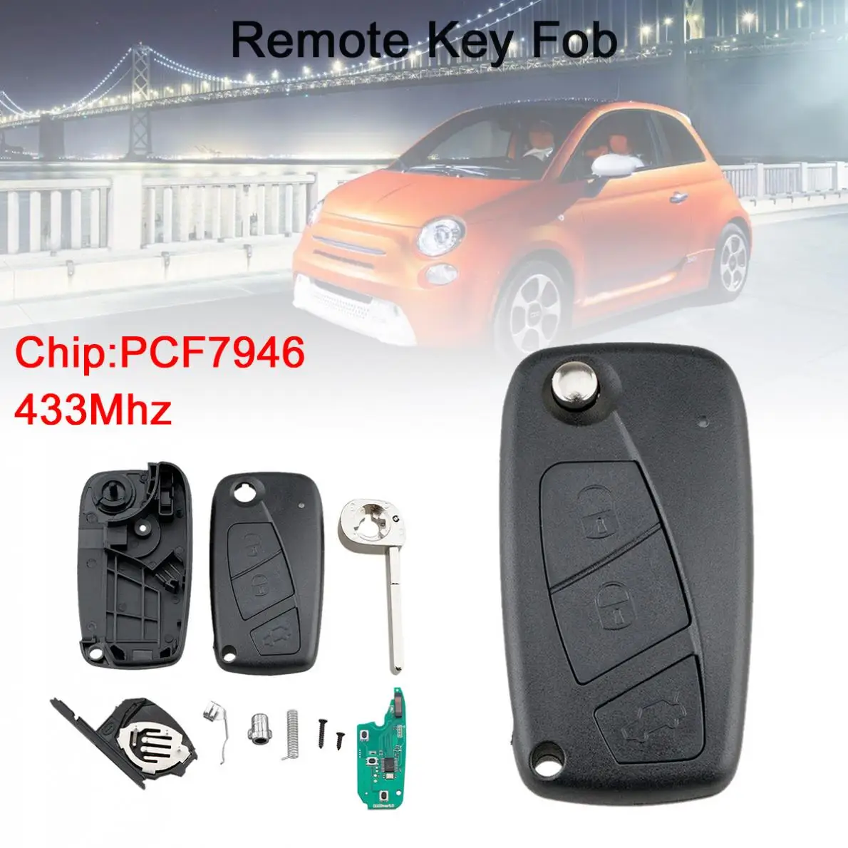 

433Mhz 3 Buttons Flip New Car Remote Key Fob with PCF7946 Chip Black fit for Fiat 500 Panda / Punto / Bravo
