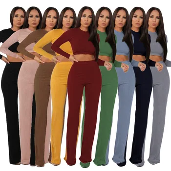 

High Stretchy Ribbed Two Piece Sets for Women 2020 Autumn Long Sleeve Skinny Crop Tops and Wide Leg Pant Casual Clubwear Outfit
