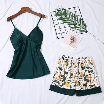 

Feier Minimalist 2 Piece Pajamas Set Women Sling Vest Silk Prints Short Pants Sleepwear with Chest Pad Summer Pijama