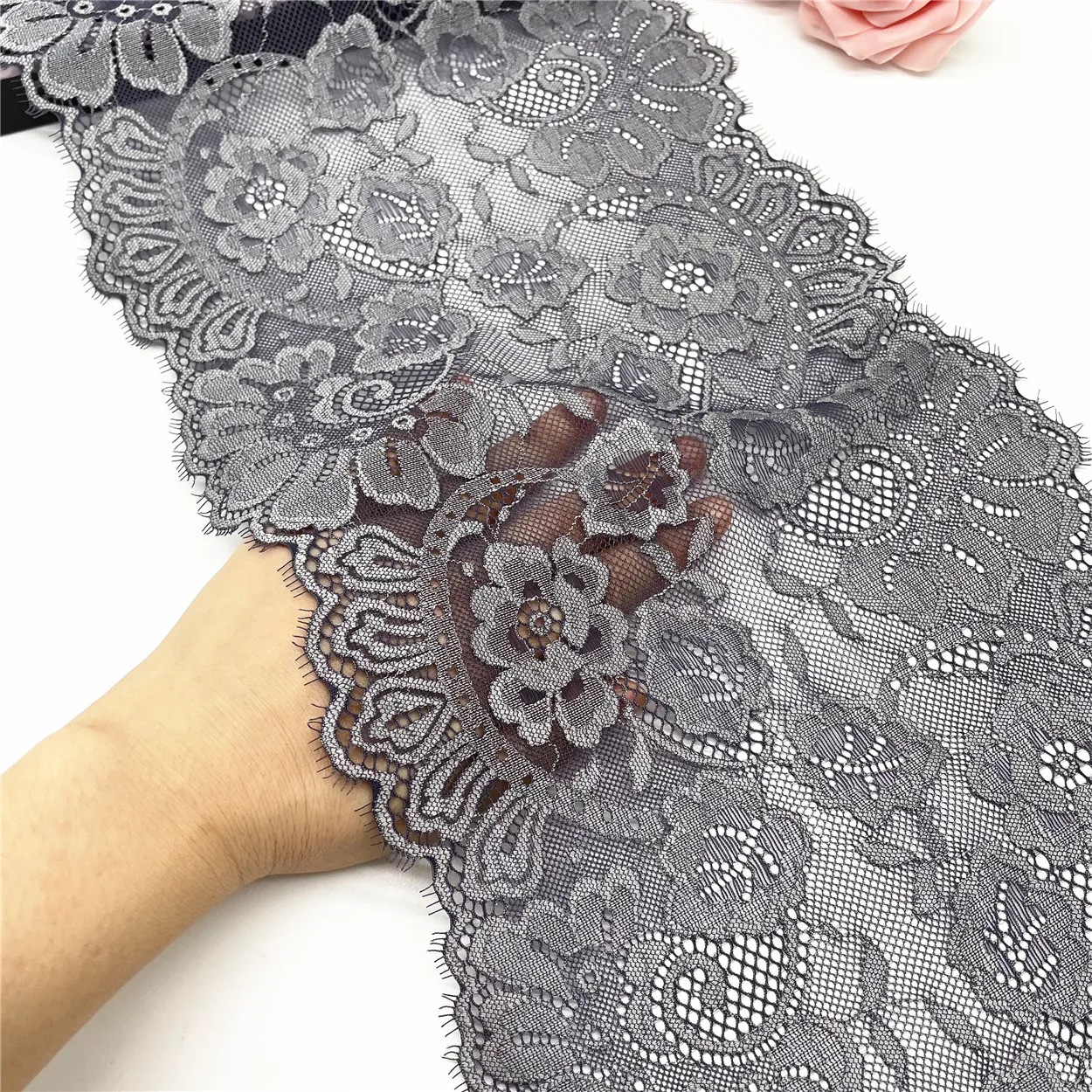 3y/Lot Width 9 inch(23 cm) Dark Grey Elastic Eyelash Lace Trim 4