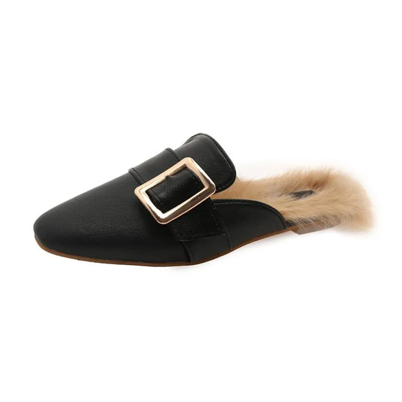 

Women's Fashion Lazy Mules Shoes Luxury Metal Buckle Rabbit Fur Slippers Ladies Warm Flat Plush Slides Furry Indoor Shoes