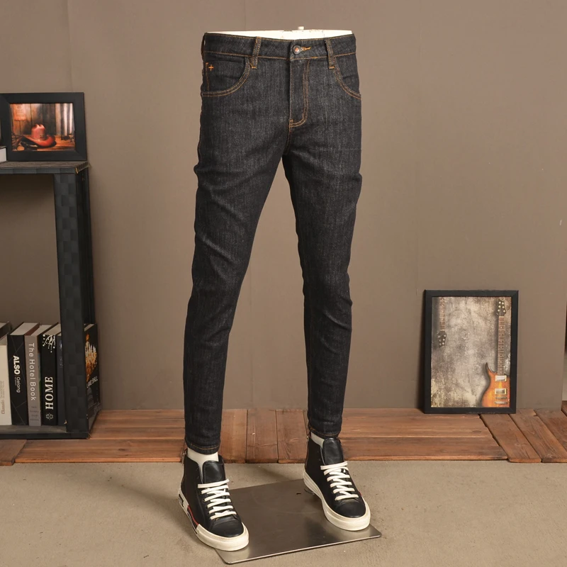 Men's Black Stretch Jeans Summer Fashion Casual Slim Fit Pencil Pants Korean Style Cotton Denim Trousers